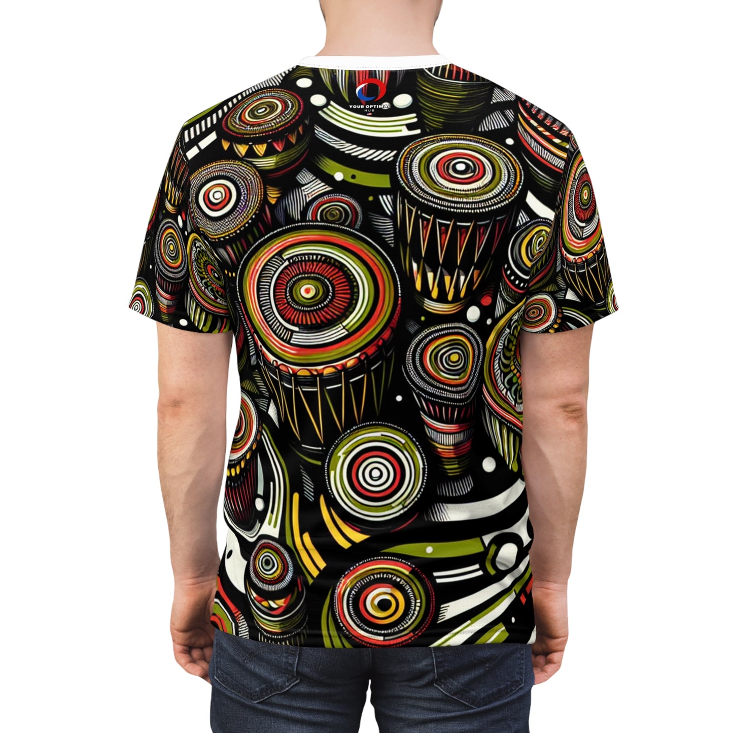 African Drum Dance Vibrant T-Shirt - Bold Kaleidoscope Pattern in Black, Red and Lime Green - African Tribal Pattern-Inspired Tee