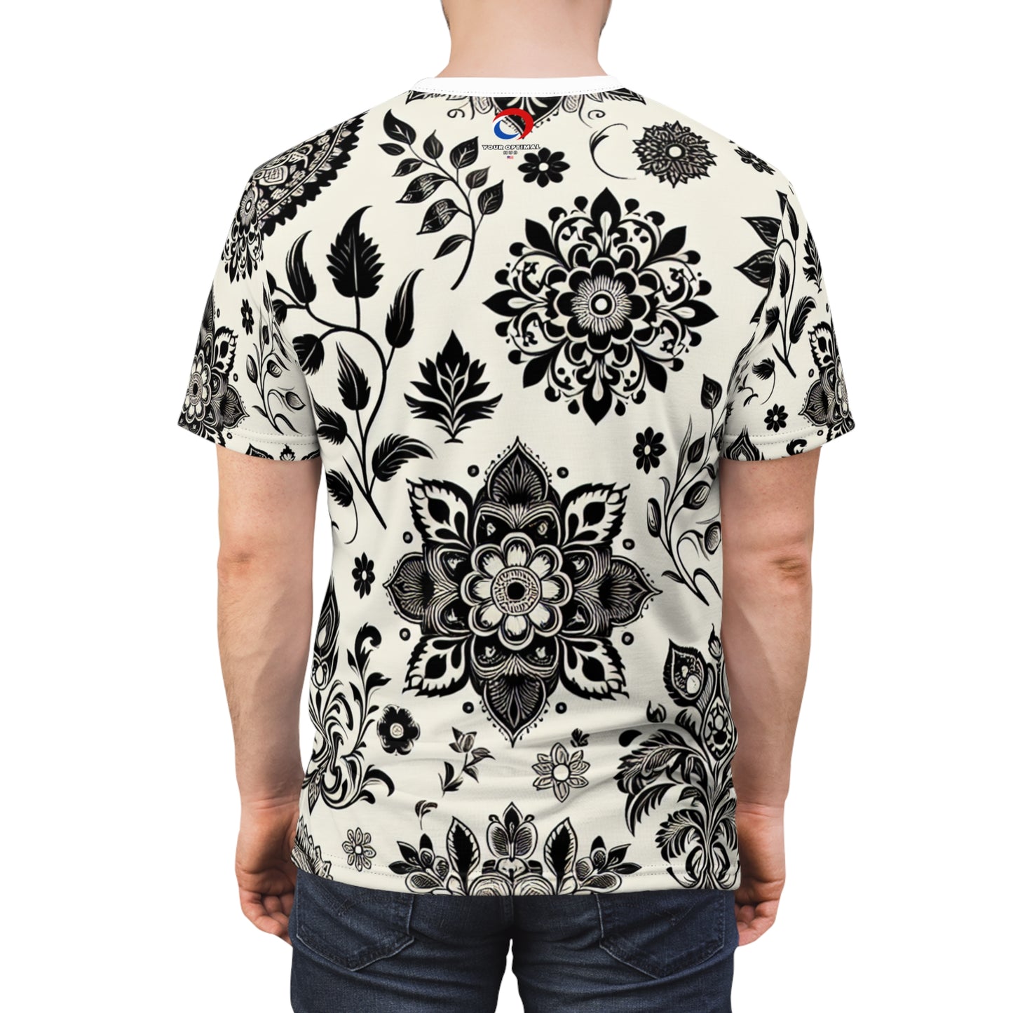 Classic Indian Motifs Designer Tee - Black on White Intricate Floral Geometric Pattern - Inspired by Traditional Indian Heritage with Modern Minimal Aesthetic