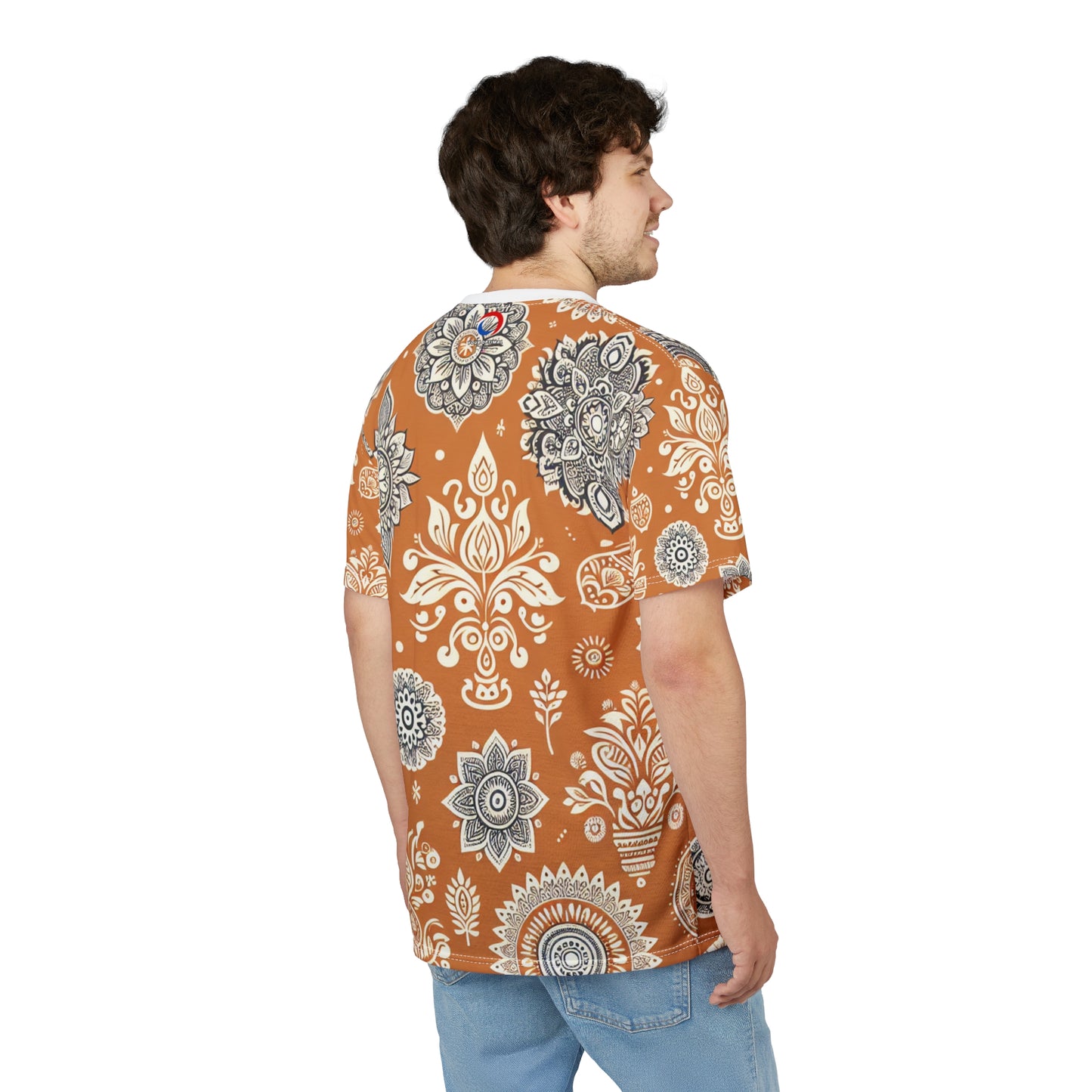 Traditional Indian Motif Print T-Shirt - Luxury Floral & Geometric Seamless Pattern - White on Orange - Modern Ethnic Décor Design Style