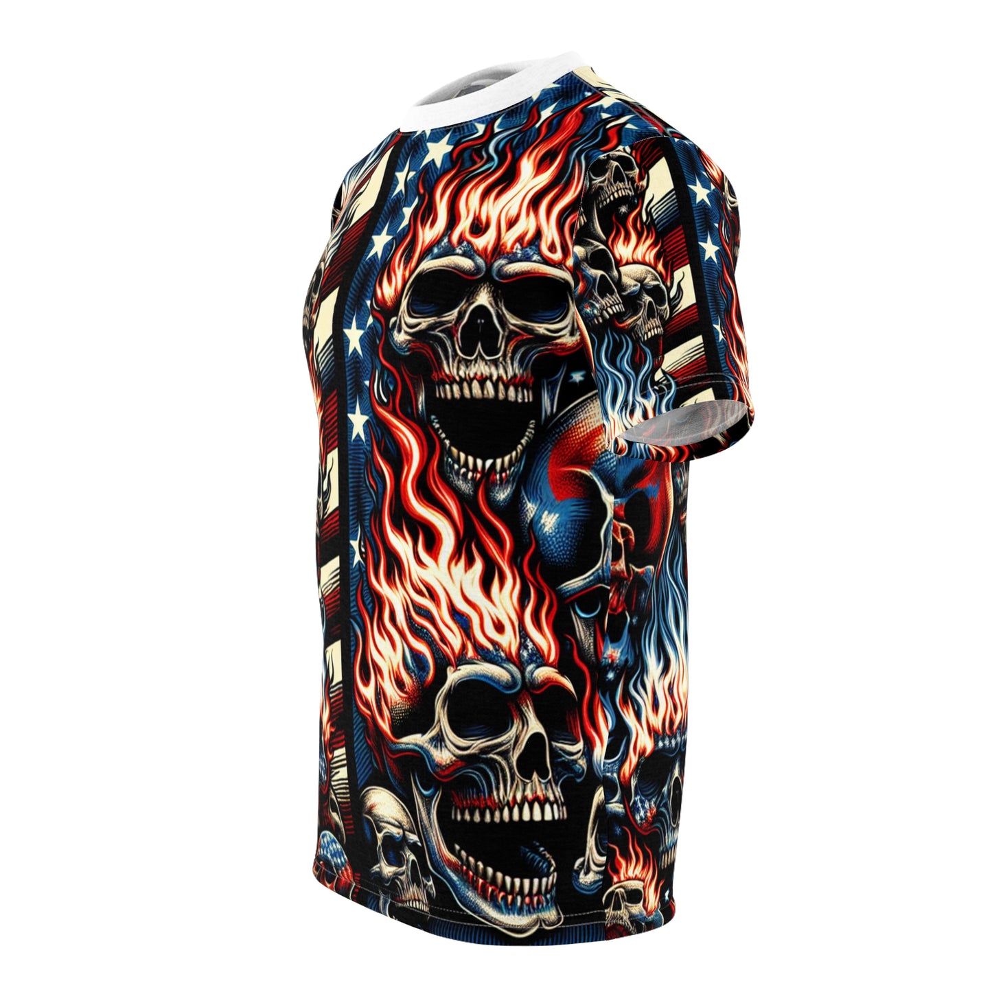 Fiery Patriotic Skulls: Intense & Menacing Tattoo-Style T-Shirt - Patriotic Streetwear Tee