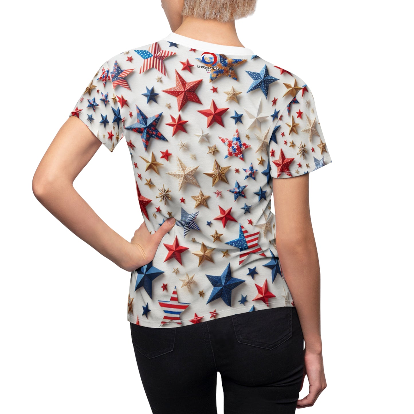 Festive Patriotic Star Pattern Women's T-Shirt - Red, Blue & Gold Celebration Top for Independence Day - Patriotic Streetwear Tee