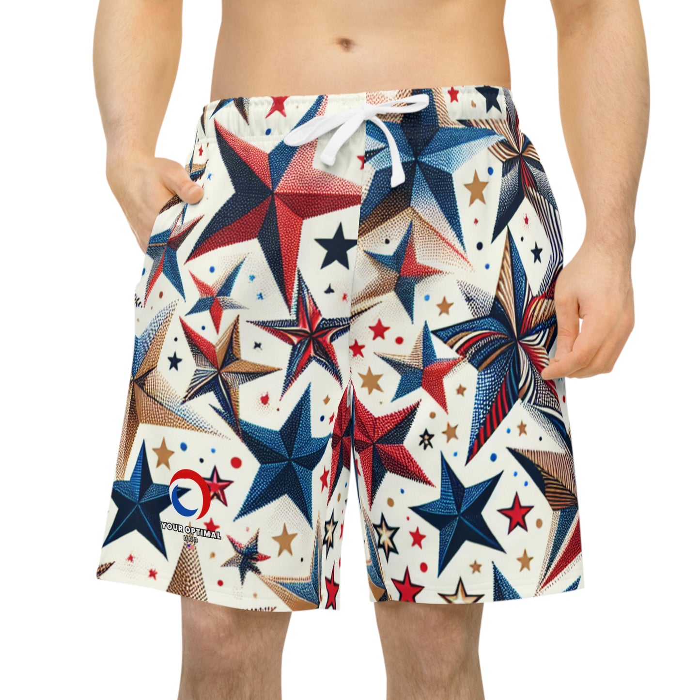 Patriotic Festive Star Pattern Shorts - Independence Day Joyful, Red Blue & Gold, For Celebrations - Patriotic Streetwear Shorts