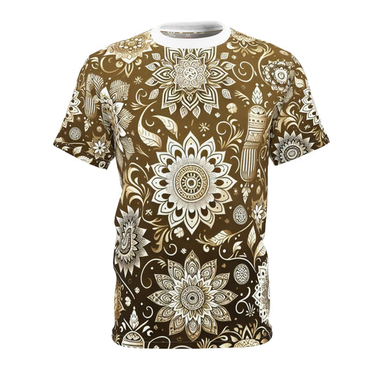 Indian Heritage Collection: Luxury Gold and White T-Shirt with Detailed Traditional Motifs and Geometric Floral Pattern for Modern Fashion