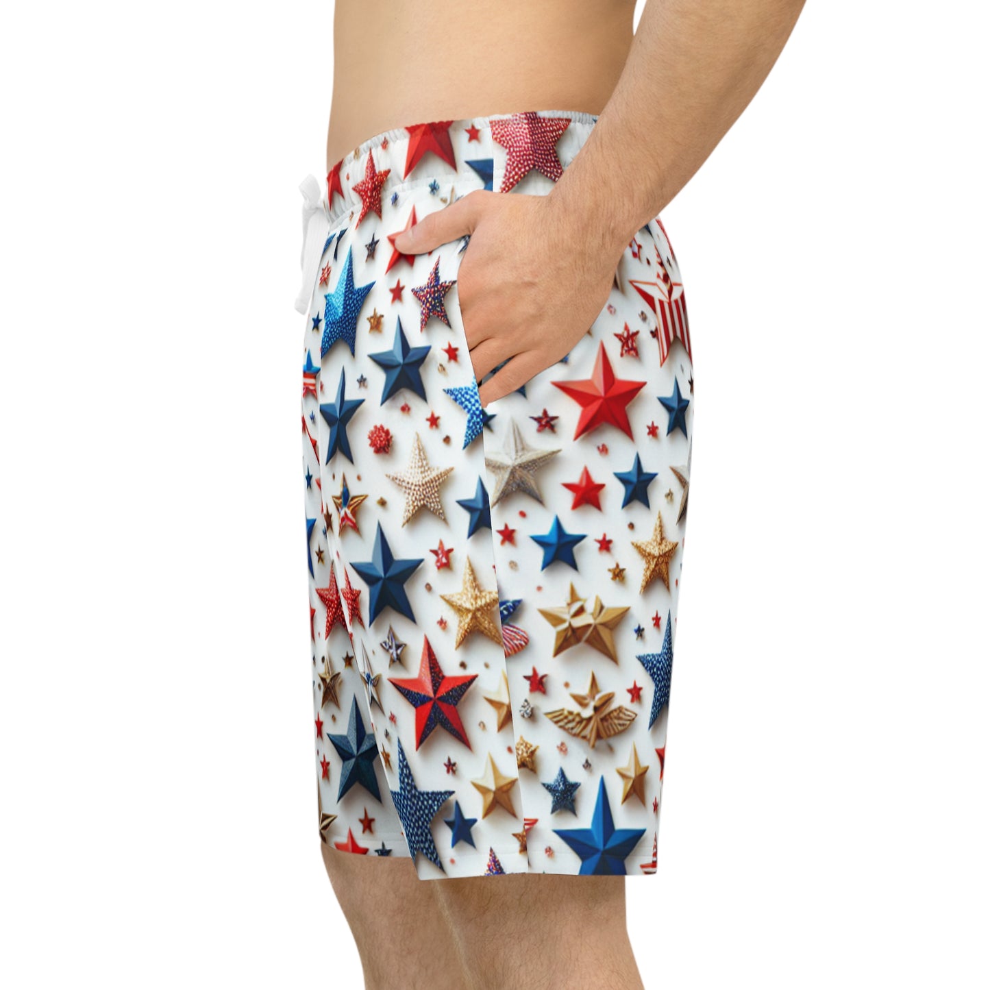 Festive Star-Spangled Shorts: Patriotic Red, Blue & Gold Star Design, Perfect for Independence Day Celebrations - Patriotic Streetwear Shorts