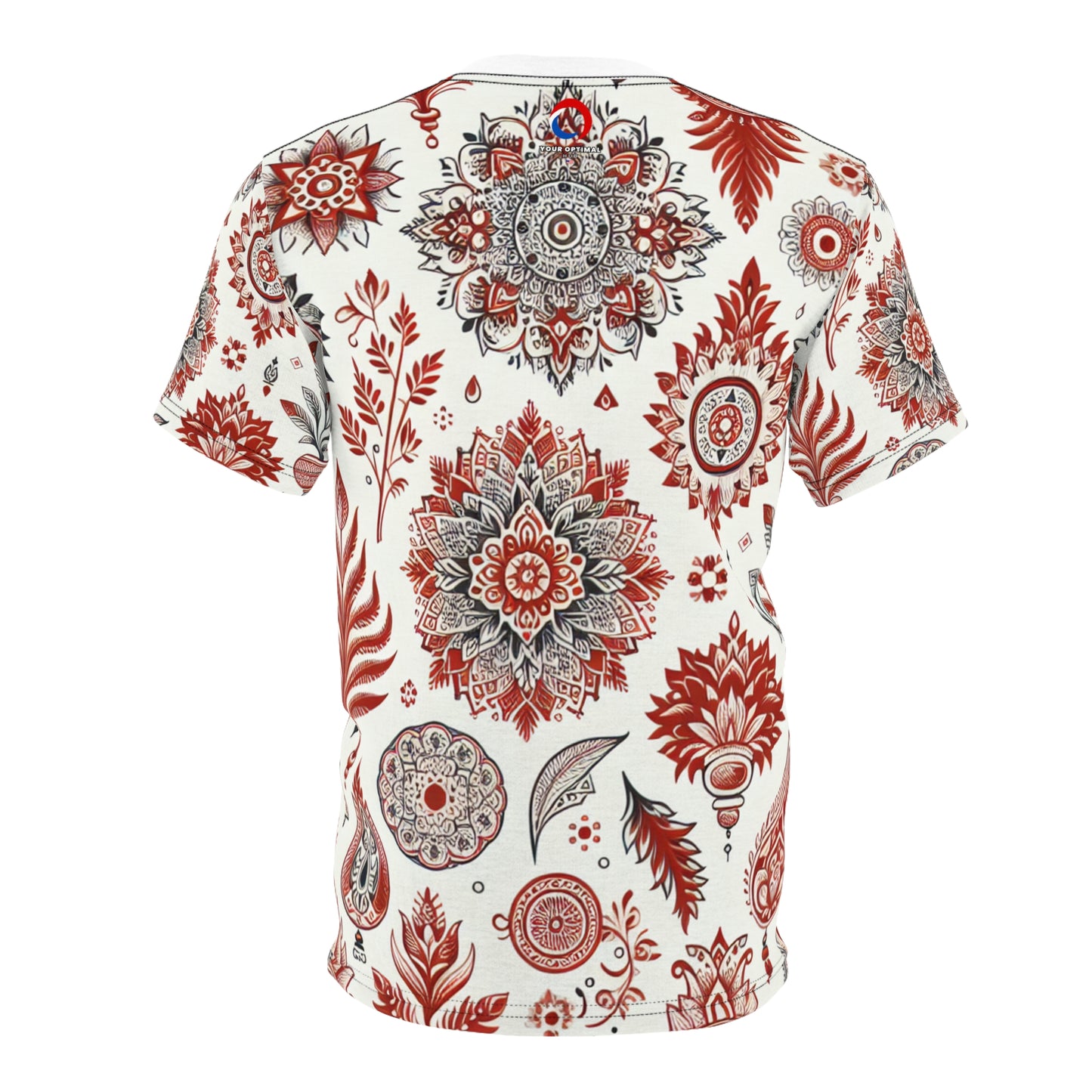 Traditional Indian Motif T-Shirt - Scattered Floral and Geometric Shapes in Primary Red on White - Rich Design Heritage Motifs Tee