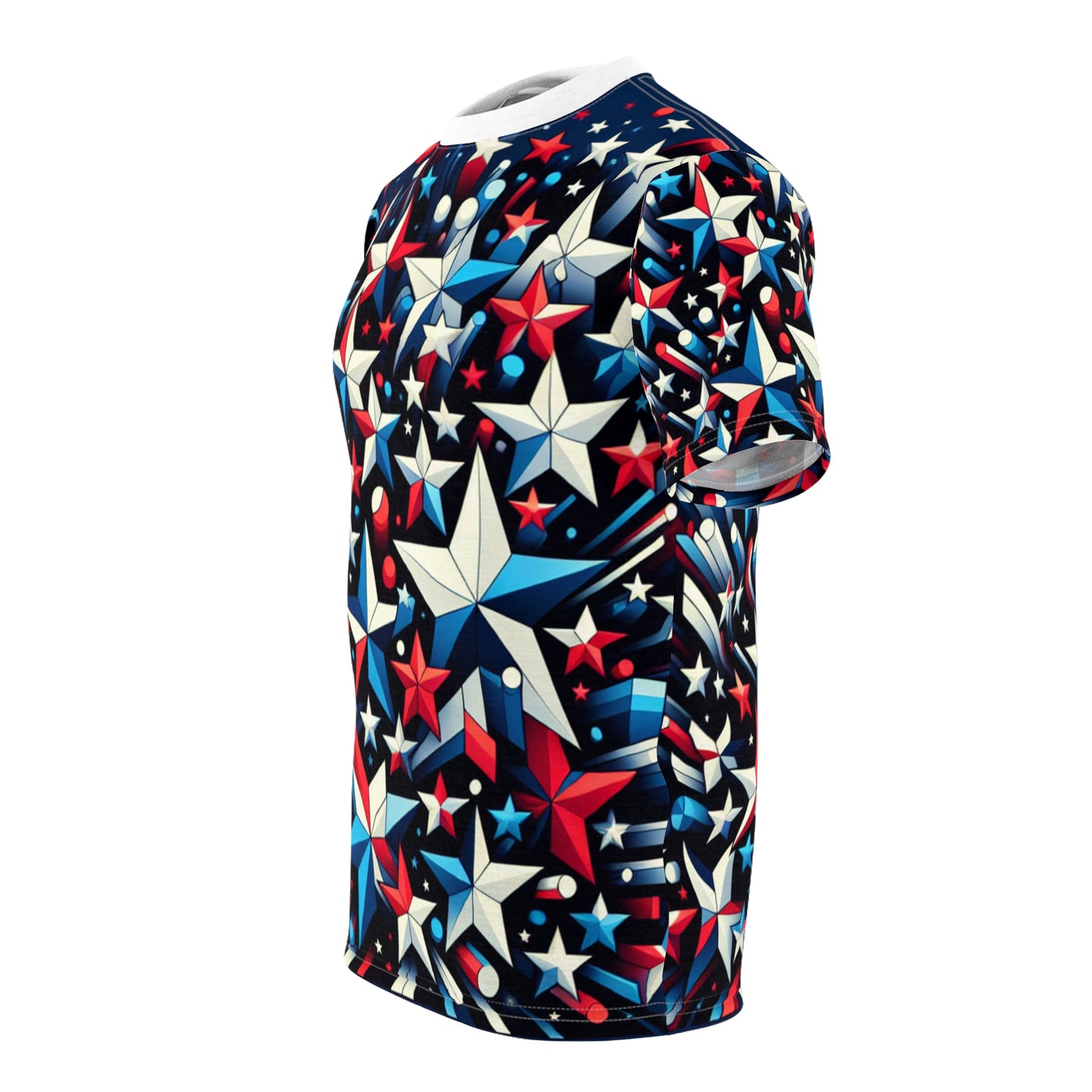 3D Star-Spangled Spectacle Tee – Vibrant Red, White, & Blue Stars on Navy Background – Patriotic & Festive Apparel - American Streetwear