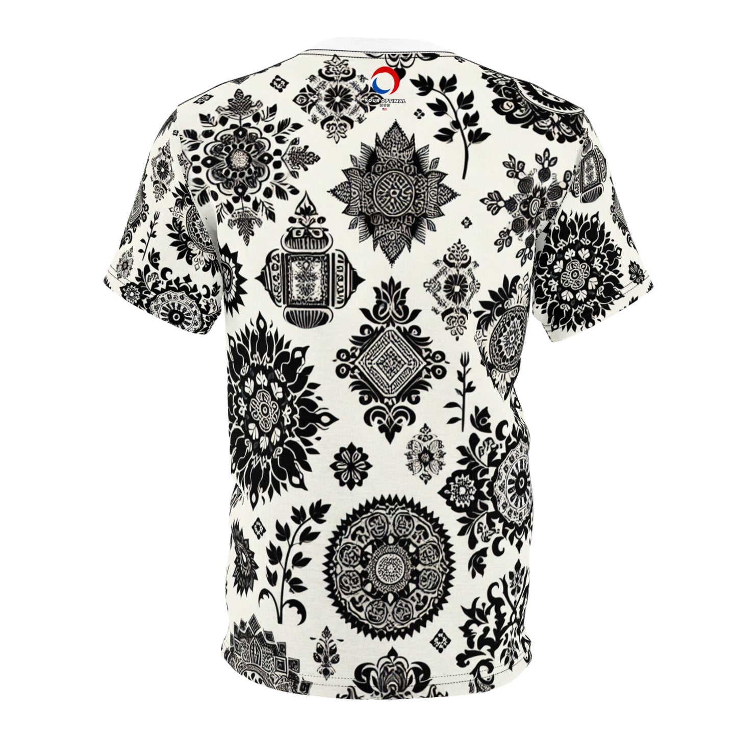 Traditional Indian Motifs Collection: Black & White Geometric & Floral Seamless Patterned T-Shirt - Intricately Crafted with Modern Minimal Aesthetic