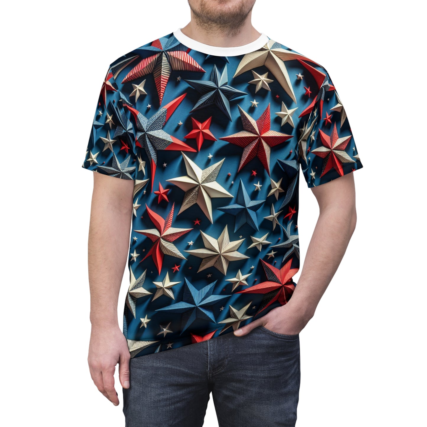 3D Patriotic Starburst T-Shirt - Vibrant Red, White & Blue Star Design on Deep Blue Background - Patriotic Streetwear Tee