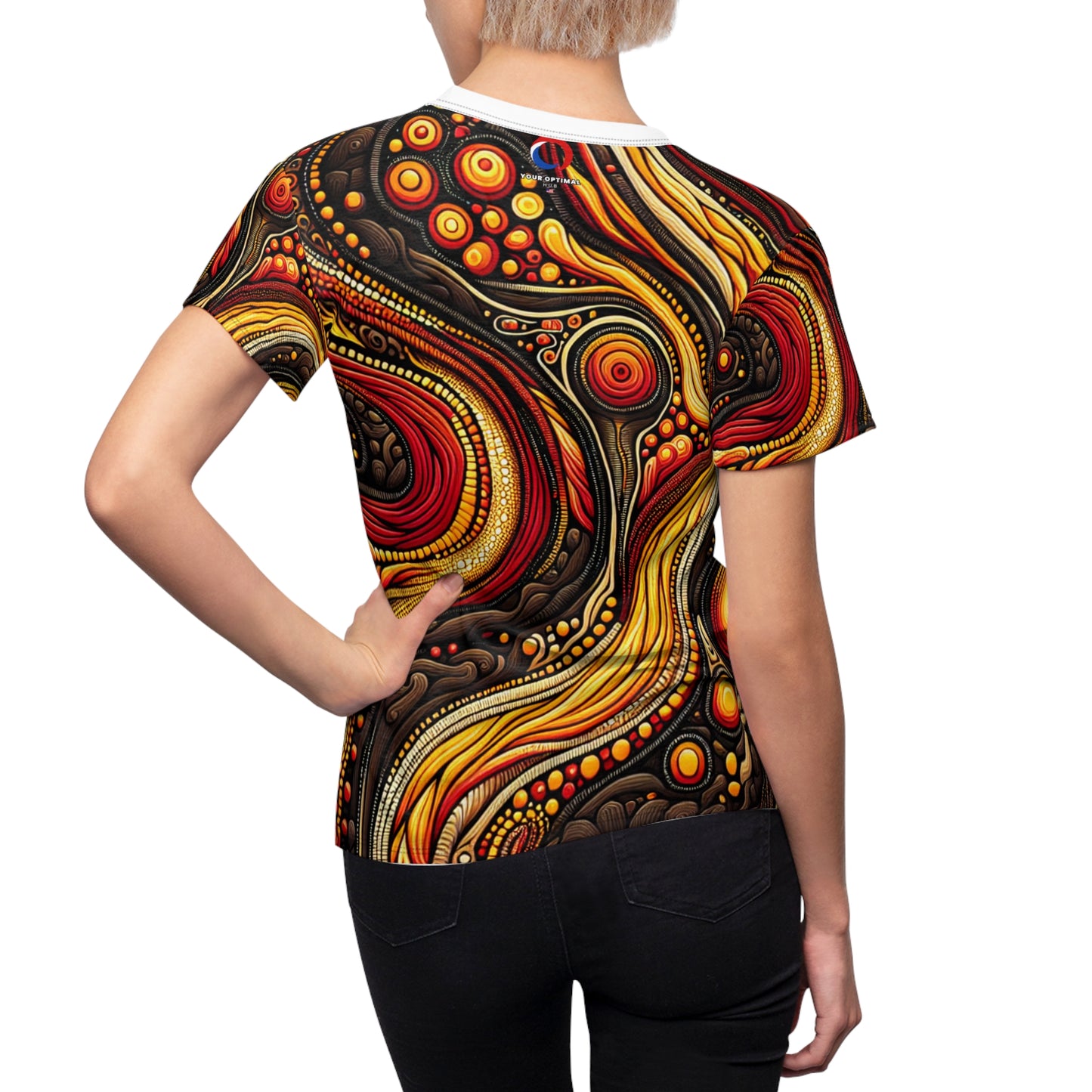 Aboriginal Inspired Volcanic Art T-Shirt, Women's Fiery Landscape, Indigenous Storytelling in Lava Motif - African Tribal Pattern-Inspired