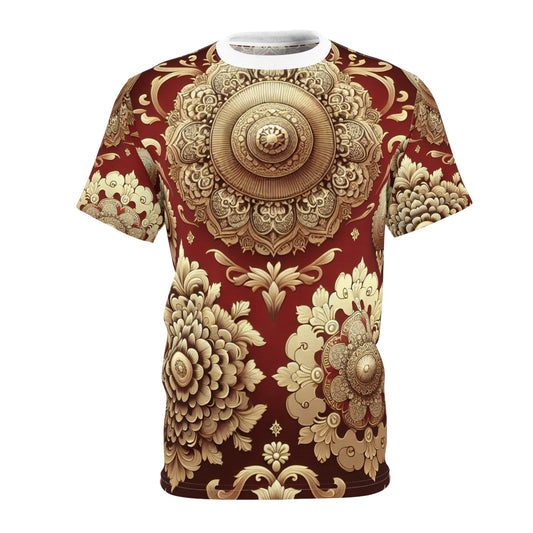 Exquisite Gold on Red Indian Motif Seamless Pattern T-Shirt: Intricately Designed Traditional Elements, Balanced Geometric and Floral Arrangement Tee