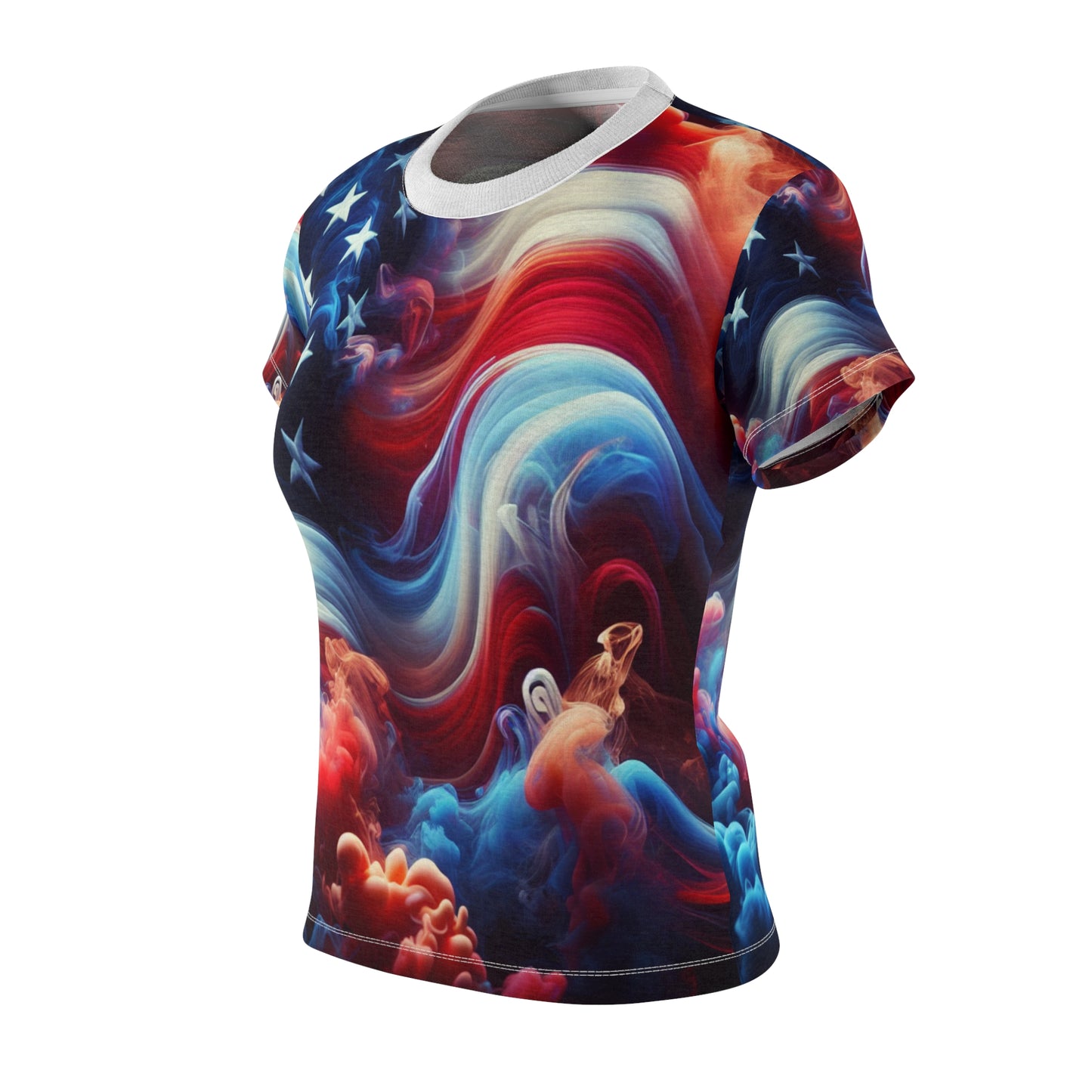 Mystical American Flag Women's T-Shirt: Surreal Stars & Stripes with Flowing Color Smoke - Patriotic Streetwear Tee