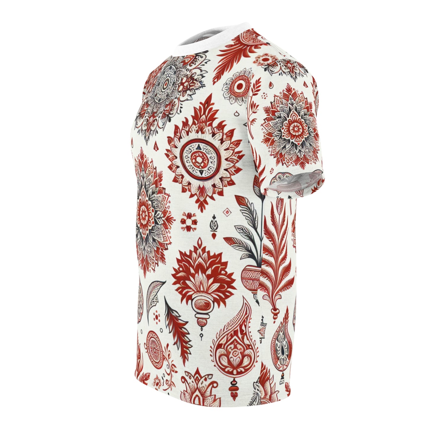 Traditional Indian Motif T-Shirt - Scattered Floral and Geometric Shapes in Primary Red on White - Rich Design Heritage Motifs Tee