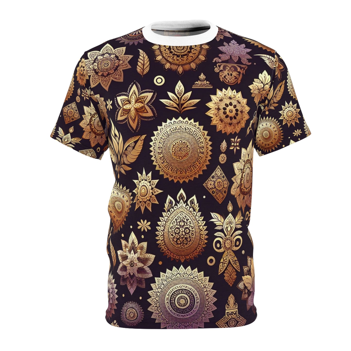 Golden Mirage: Traditional Indian Motif T-shirt in Intricately Designed Floral & Geometric Shapes on Vibrant Purple, Embodying Rich Indian Heritage