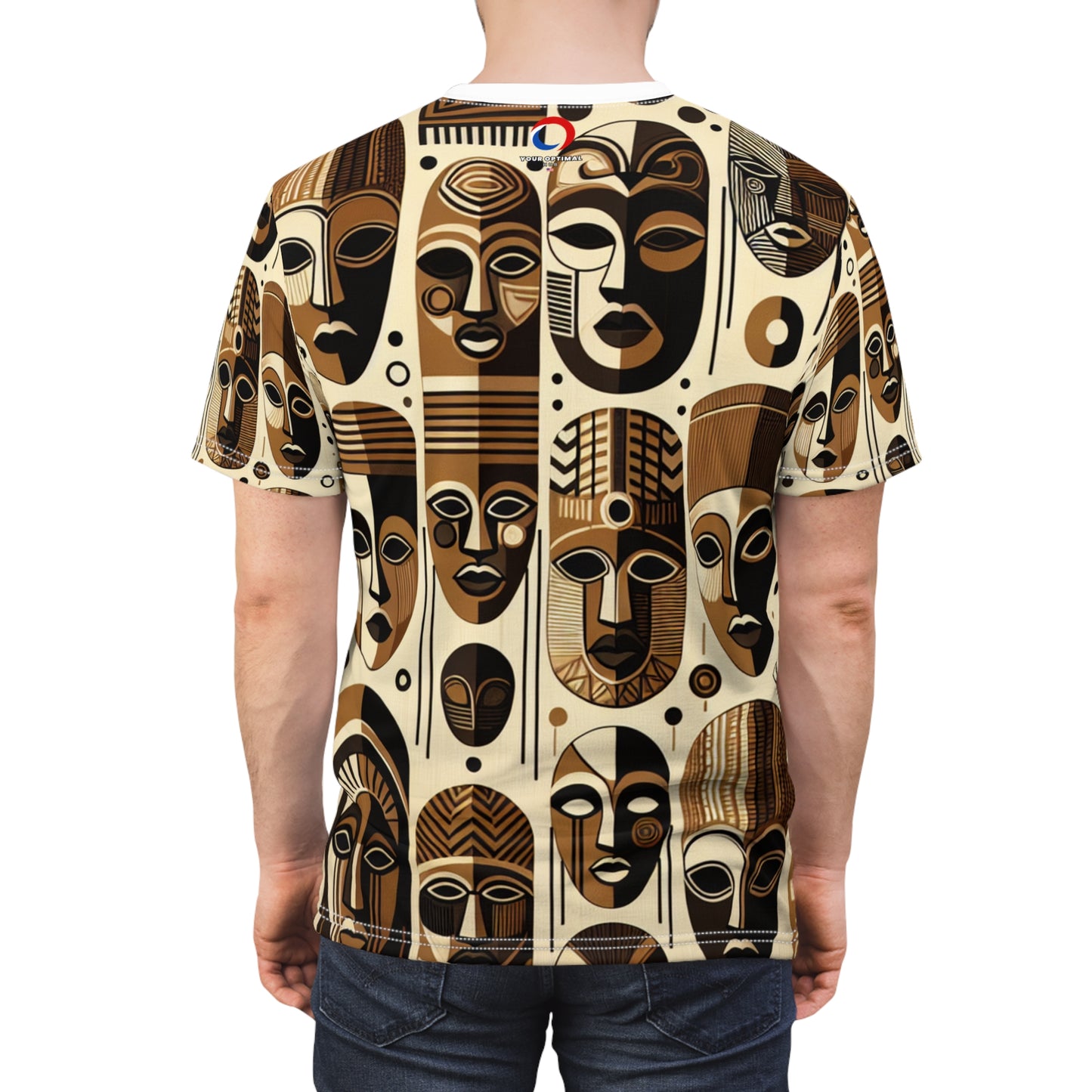 African Heritage Tapestry T-shirt: Monochrome Mask Design with Vivid Orange Details - African Tribal Pattern-Inspired Tee