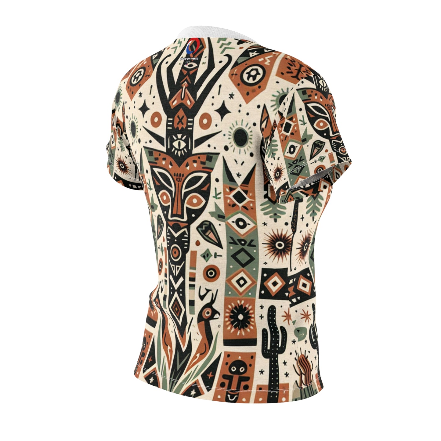 Women's Tribal Art T-Shirt: African-American Fusion, Symmetrical Nature Totem, Geometric Fauna & Flora, Earthy-tone Palette - African Tribal Pattern-Inspired