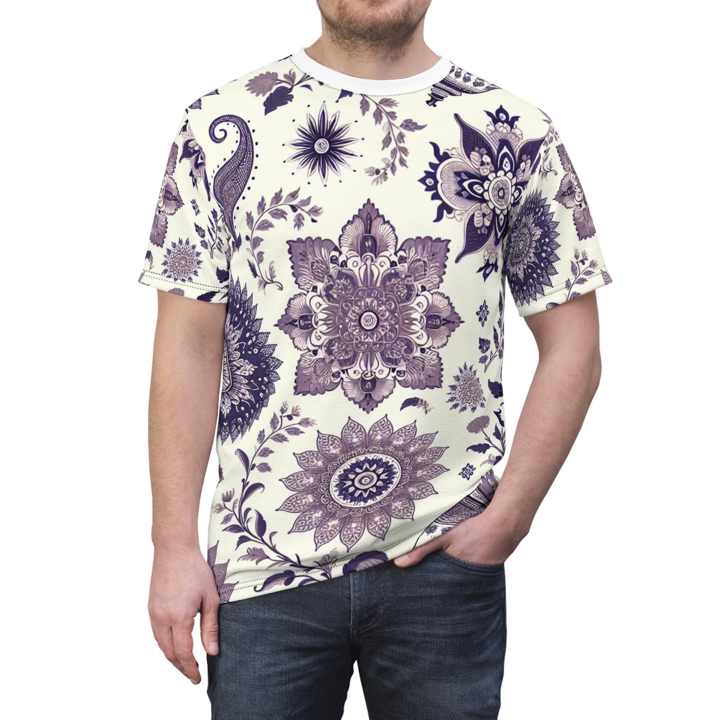 Traditional Indian Motifs T-Shirt: Minimalist White & Purple Indian Motif Collection - Intricate Floral & Geometric Seamless Pattern Designer Tee