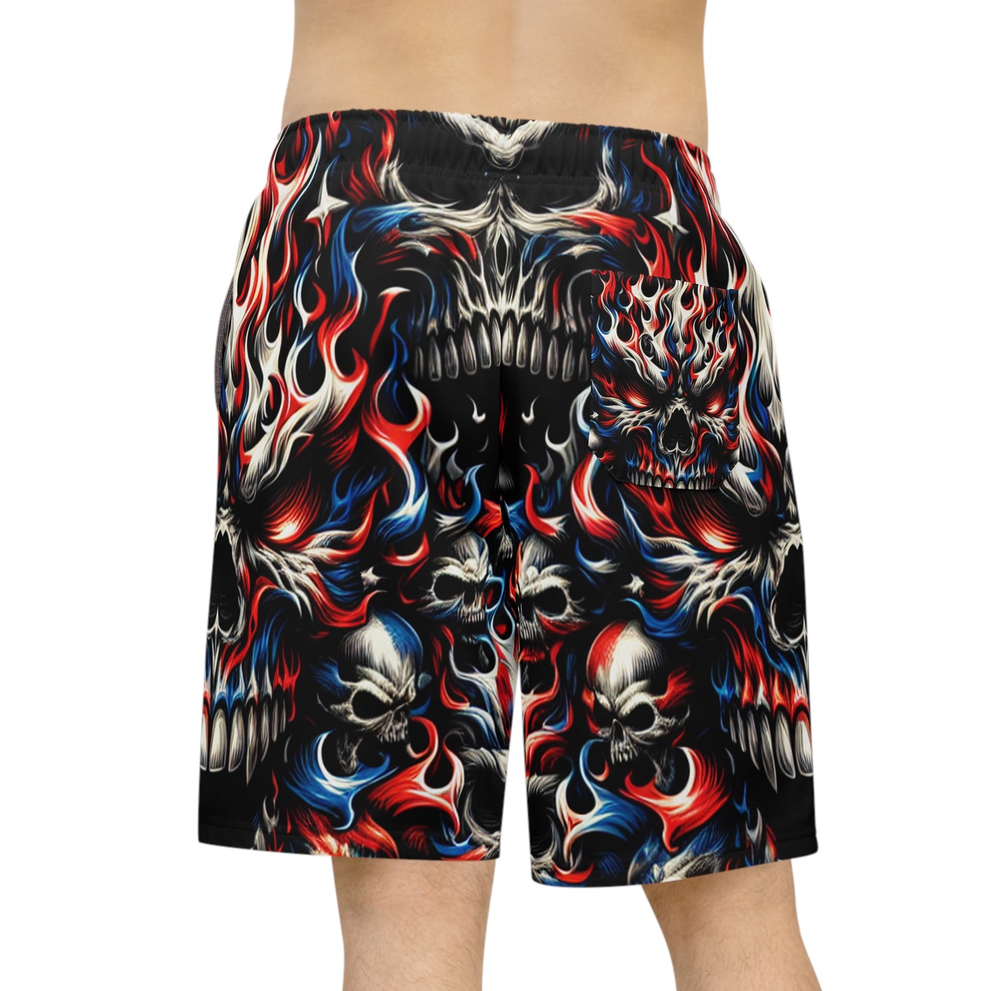 Patriotic Inferno: Skull Blaze Tattoo-Style Shorts - Patriotic Streetwear Shorts