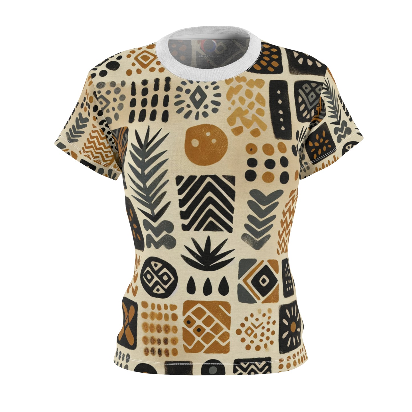 African Mud Cloth-Inspired Grid Tee, Handcrafted Women's T-Shirt in Ochre, Black & Red - African Tribal Pattern-Inspired