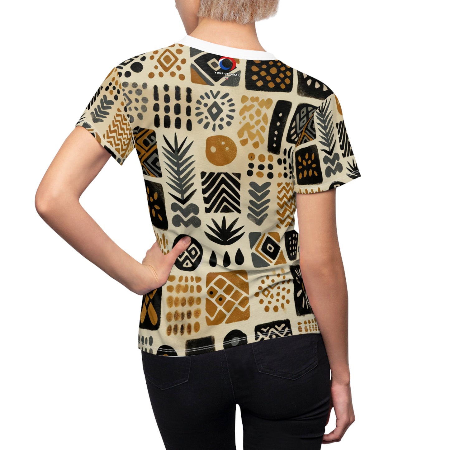 African Mud Cloth-Inspired Grid Tee, Handcrafted Women's T-Shirt in Ochre, Black & Red - African Tribal Pattern-Inspired