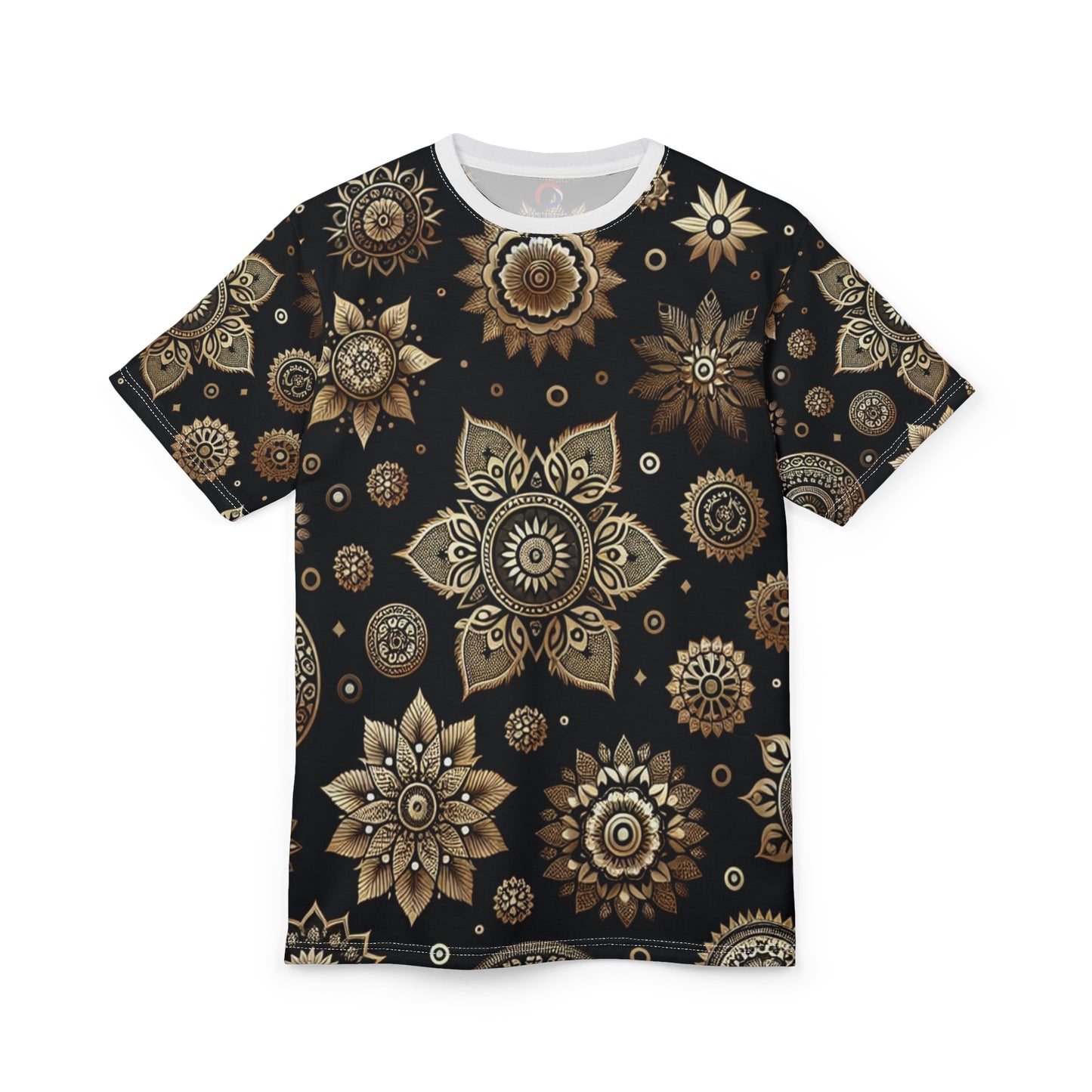 Luxurious Golden Indian Motif Tee - Scattered Traditional Designs on Black - Rich Heritage Elements - Floral & Geometric Styles