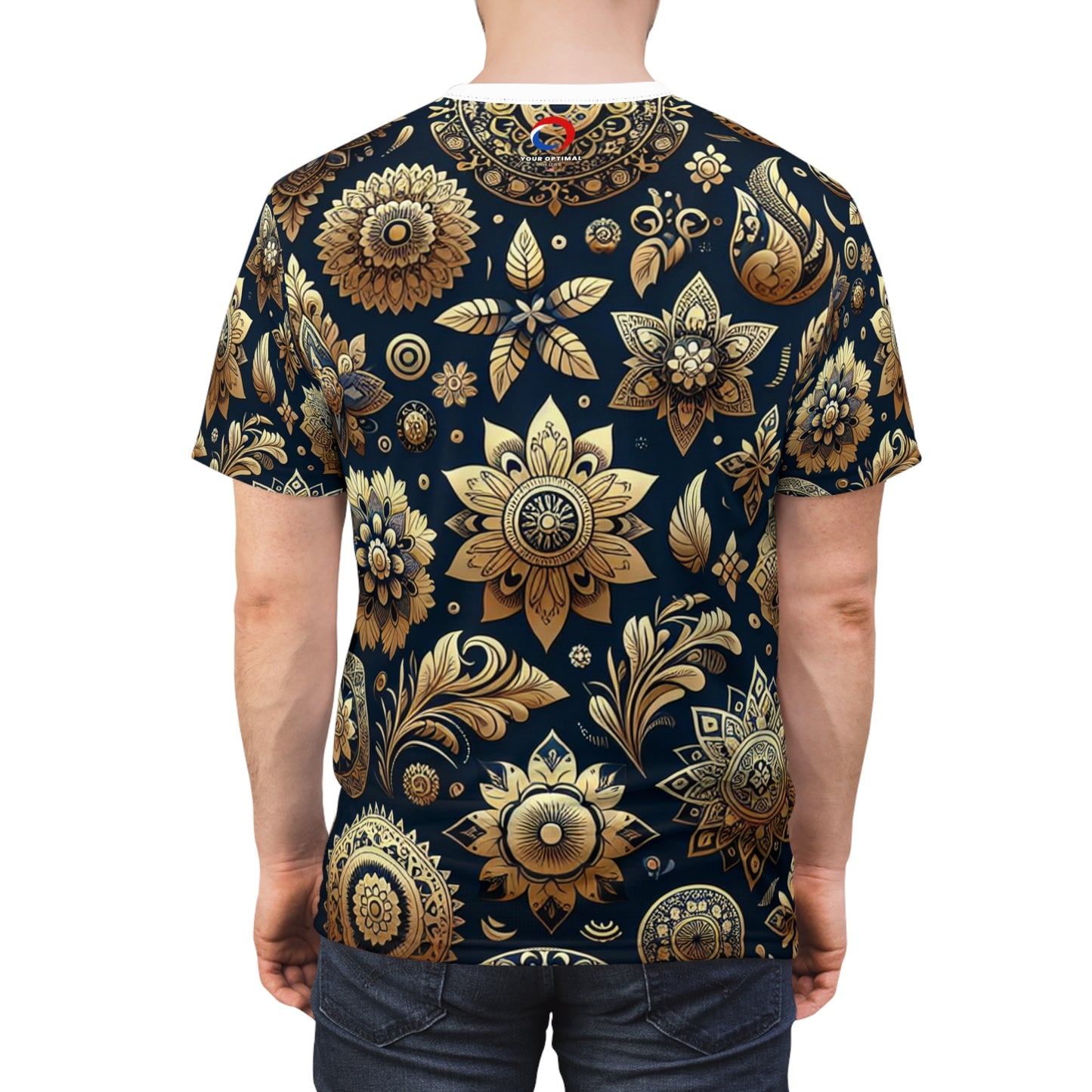 Gold Reflections: Traditional Indian Motif Seamless Pattern T-Shirt - Intricate Floral & Geometric Shapes on Blue Backdrop - Elegance of Rich Indian Motifs