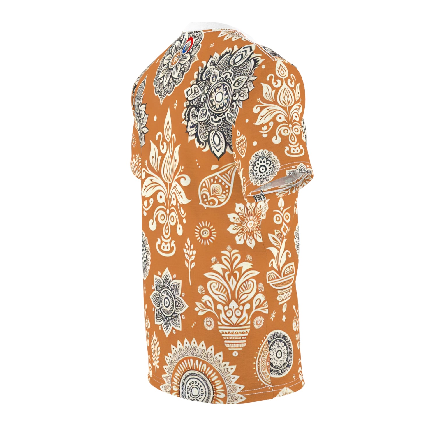 Traditional Indian Motif Print T-Shirt - Luxury Floral & Geometric Seamless Pattern - White on Orange - Modern Ethnic Décor Design Style