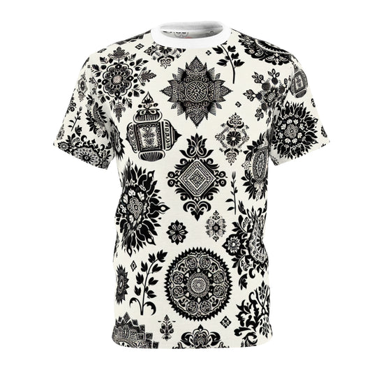 Traditional Indian Motifs Collection: Black & White Geometric & Floral Seamless Patterned T-Shirt - Intricately Crafted with Modern Minimal Aesthetic