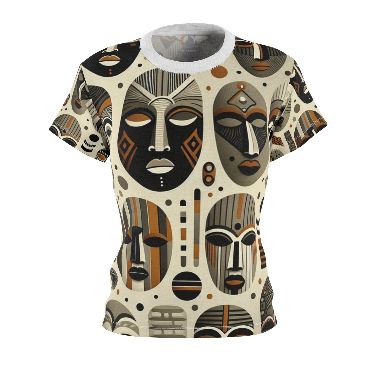 African Heritage Artistry: Women's Tee with Rich, Monochromatic Masks Tapestry, Modern Meets Tradition - African Tribal Pattern-Inspired