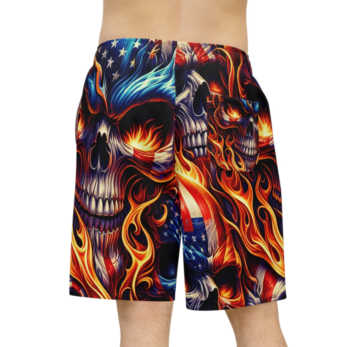 Blaze of Valor: Patriotic Inferno Skull Tattoo-Style Shorts - Patriotic Streetwear Shorts