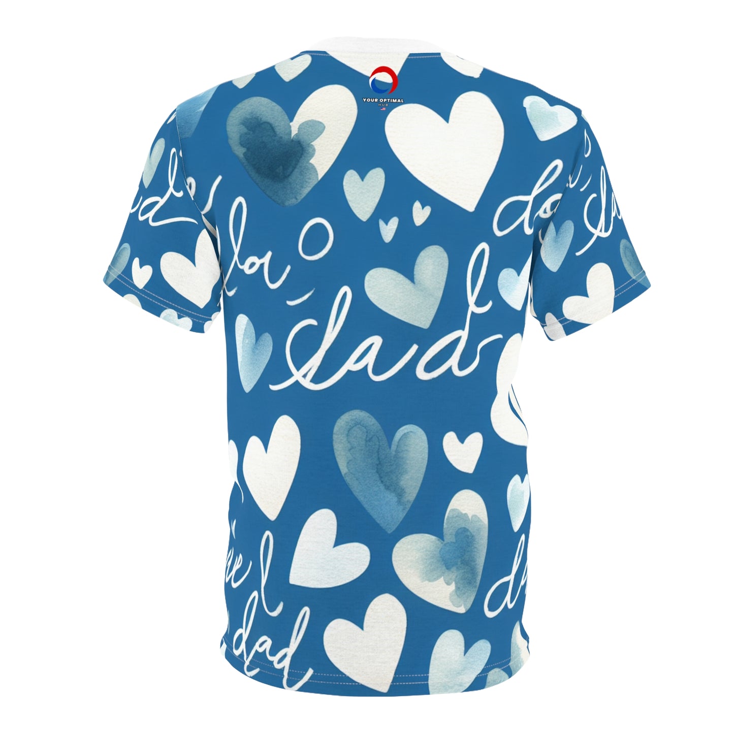 Father's Day Casual Love Theme T-Shirt - Watercolor Heart Pattern & Handwritten Kid's Scribble - Bold Blue Color - Gift for Him