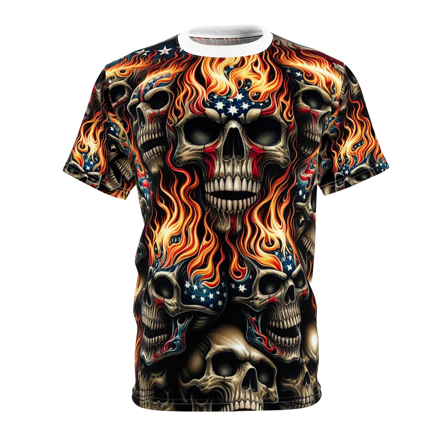 Flaming Patriot: Fiery Skulls and Stripes Extraordinaire T-Shirt - Patriotic Apparel