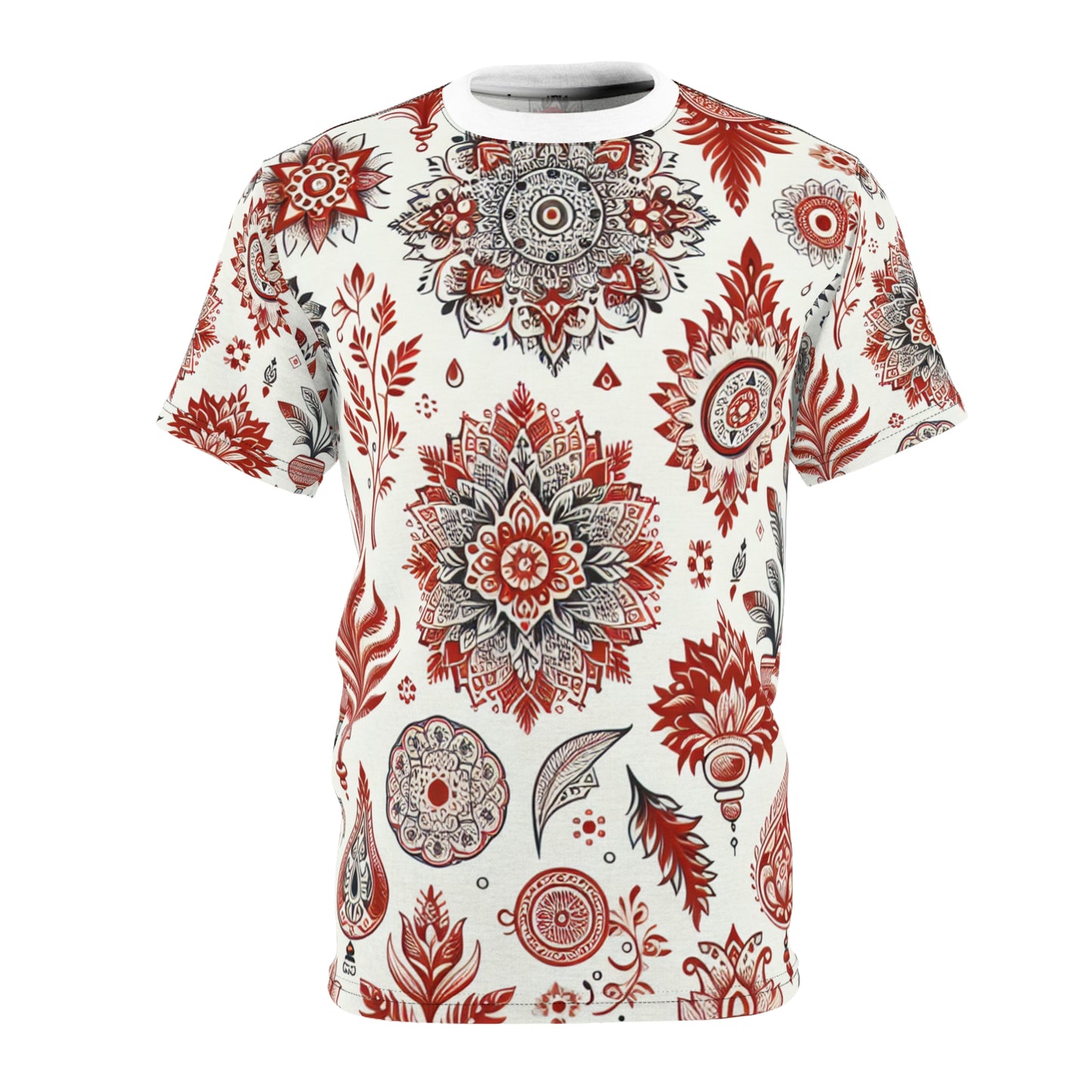 Traditional Indian Motif T-Shirt - Scattered Floral and Geometric Shapes in Primary Red on White - Rich Design Heritage Motifs Tee