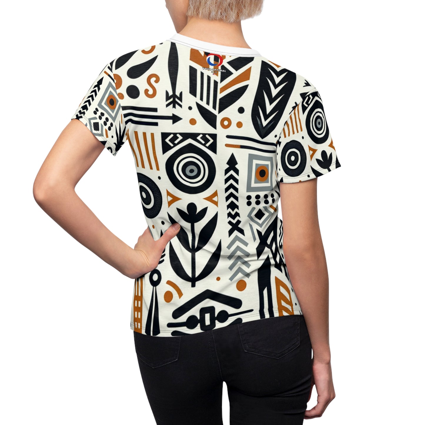 Modern Afro-Graphic Women's Tee: Monochrome & Orange Nature-Warfare Prints, Abstract Artistic Unity - African Tribal Pattern-Inspired