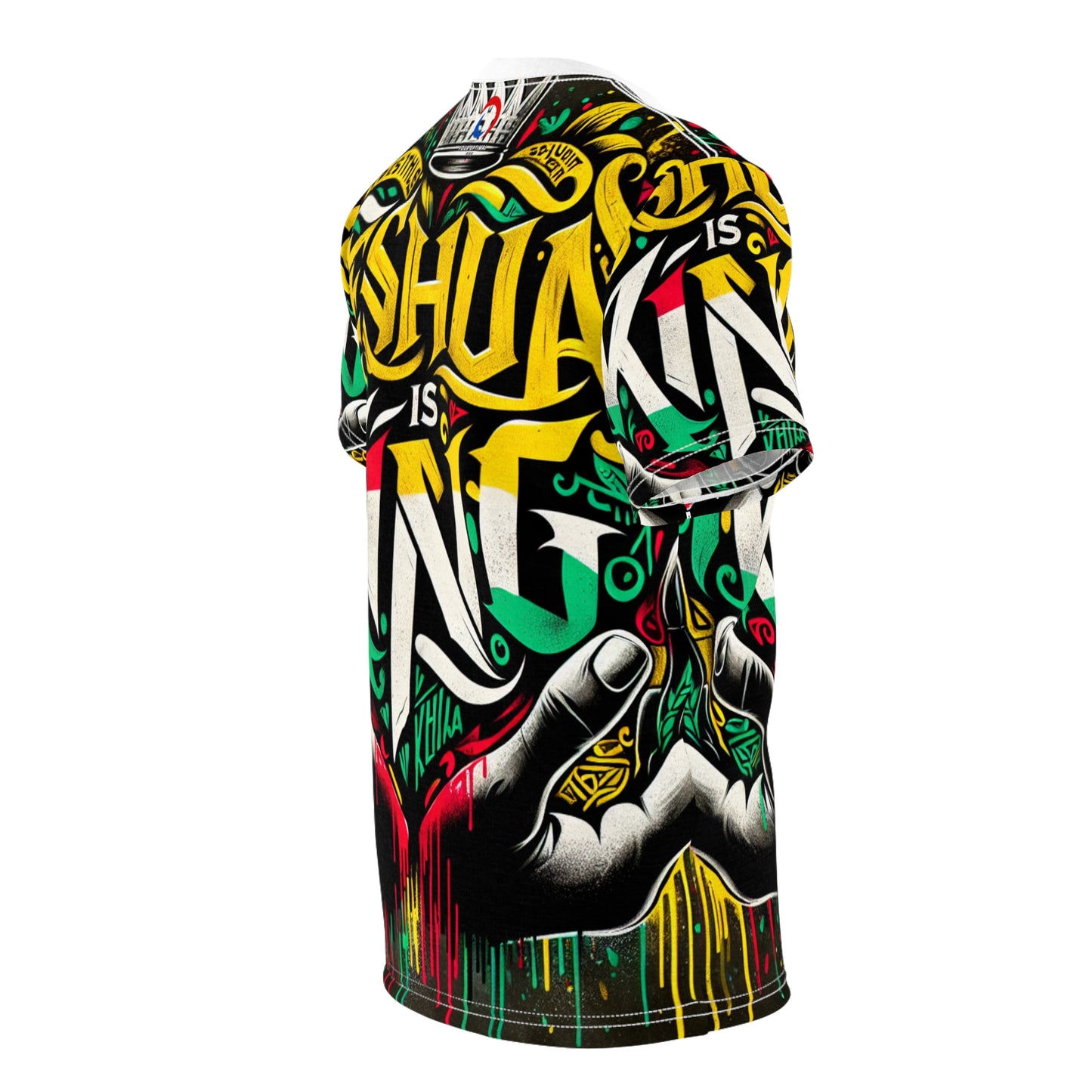 Yeshua is King Graffiti-Style Heart T-Shirt - Rasta Palette Bold Distressed Text, Expressive Faith-Inspired Art - Rastafarian Art-Inspired Tee