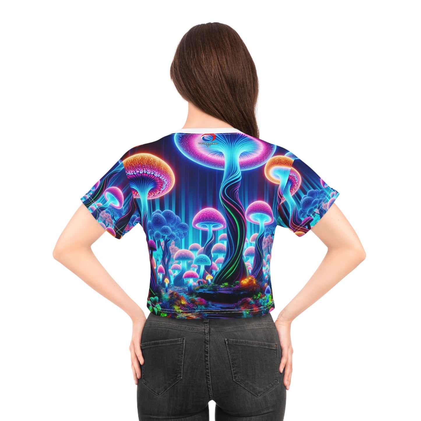 Enchanted Neon Forest Crop Tee: Women's Surreal Magic Wilderness 3D Photorealistic Top - Women's Trippy Tee