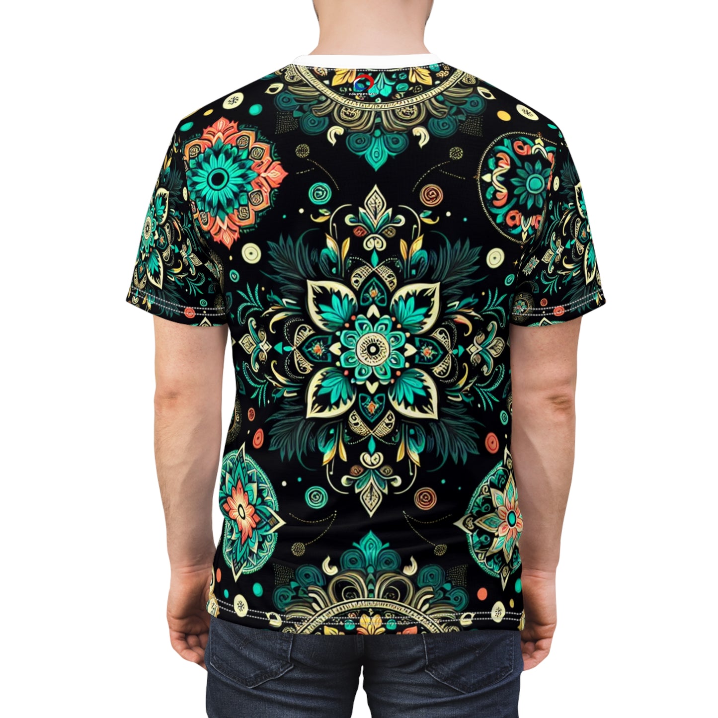 Neon UV Indian Motif Tee – Bioluminescent Floral & Geometric Glow Pattern on Black Shirt