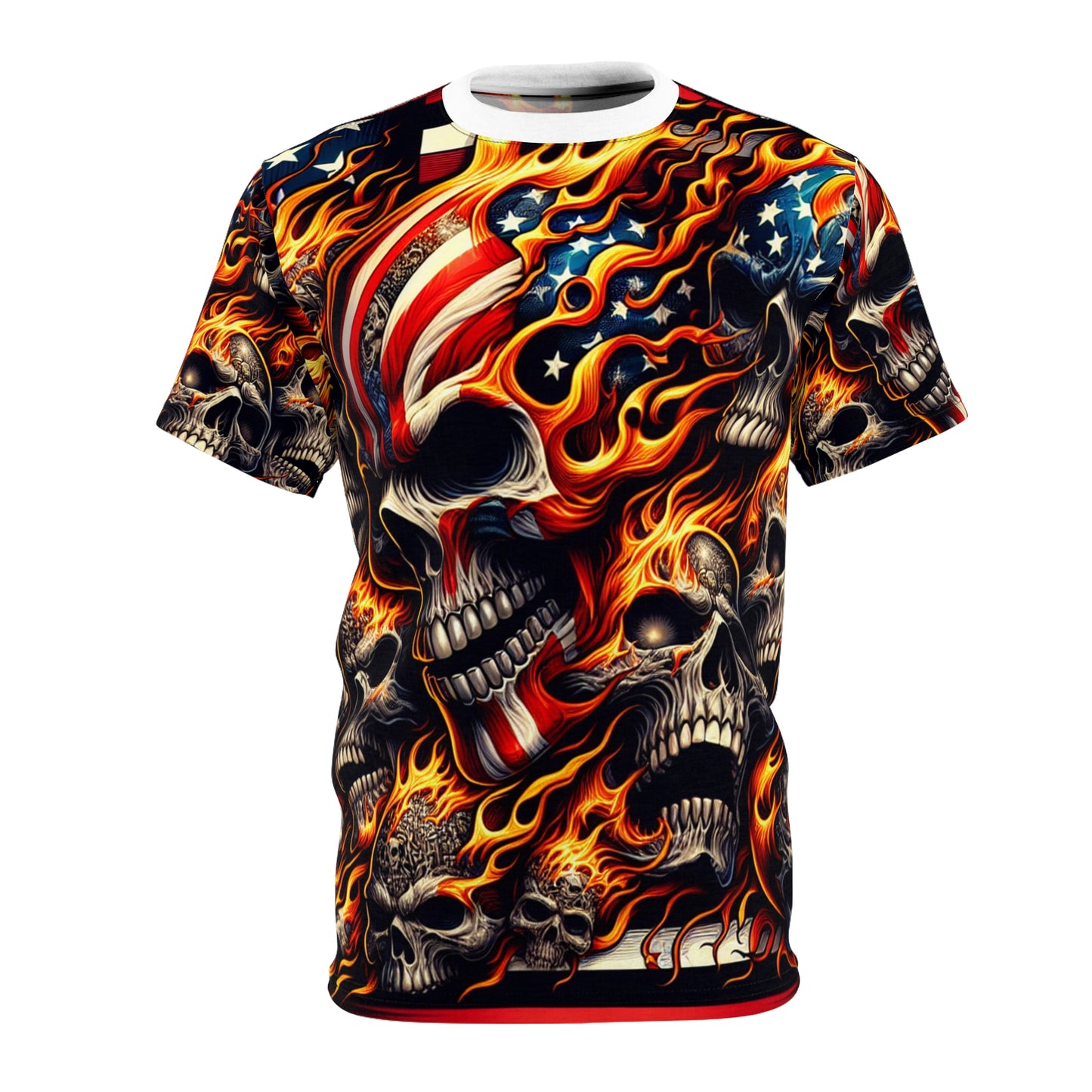 Skull Blaze Patriotism: Densely Designed Fire Fueled Skeleton Tee - Patriotic Streetwear Tee