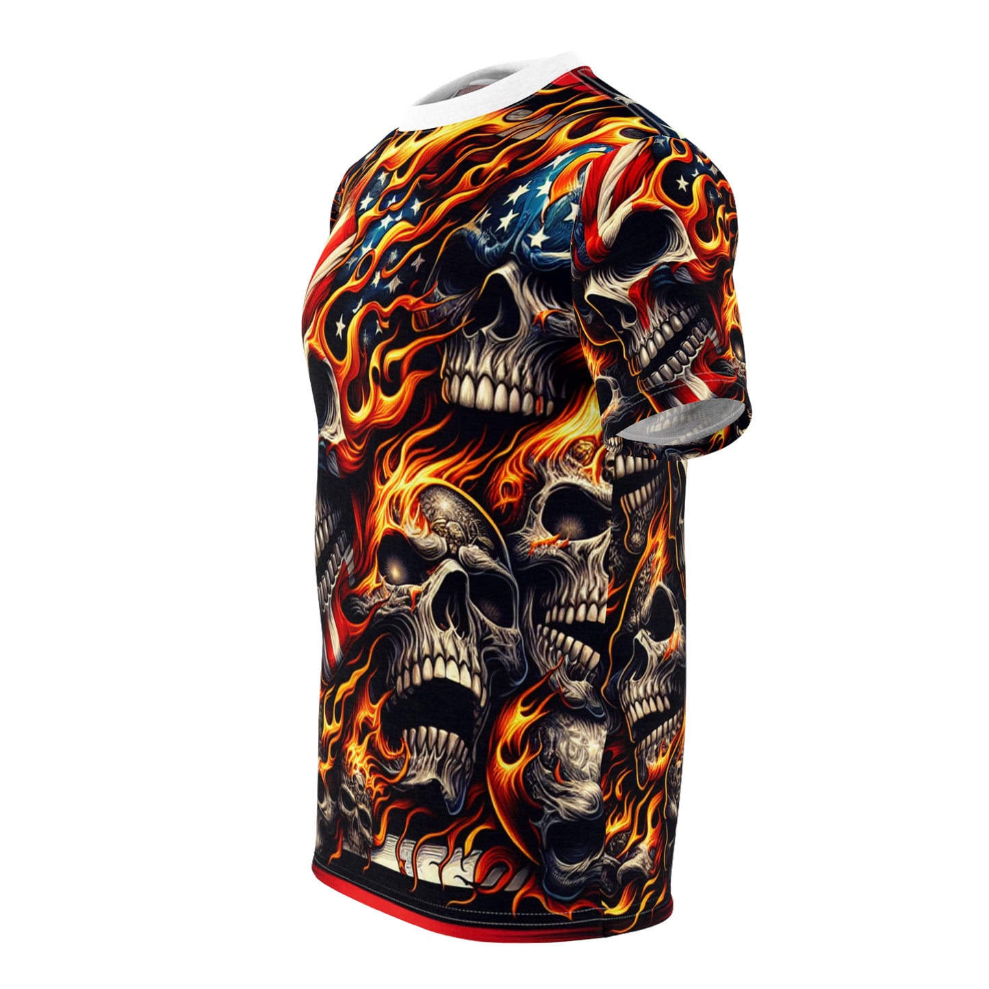 Skull Blaze Patriotism: Densely Designed Fire Fueled Skeleton Tee - Patriotic Streetwear Tee