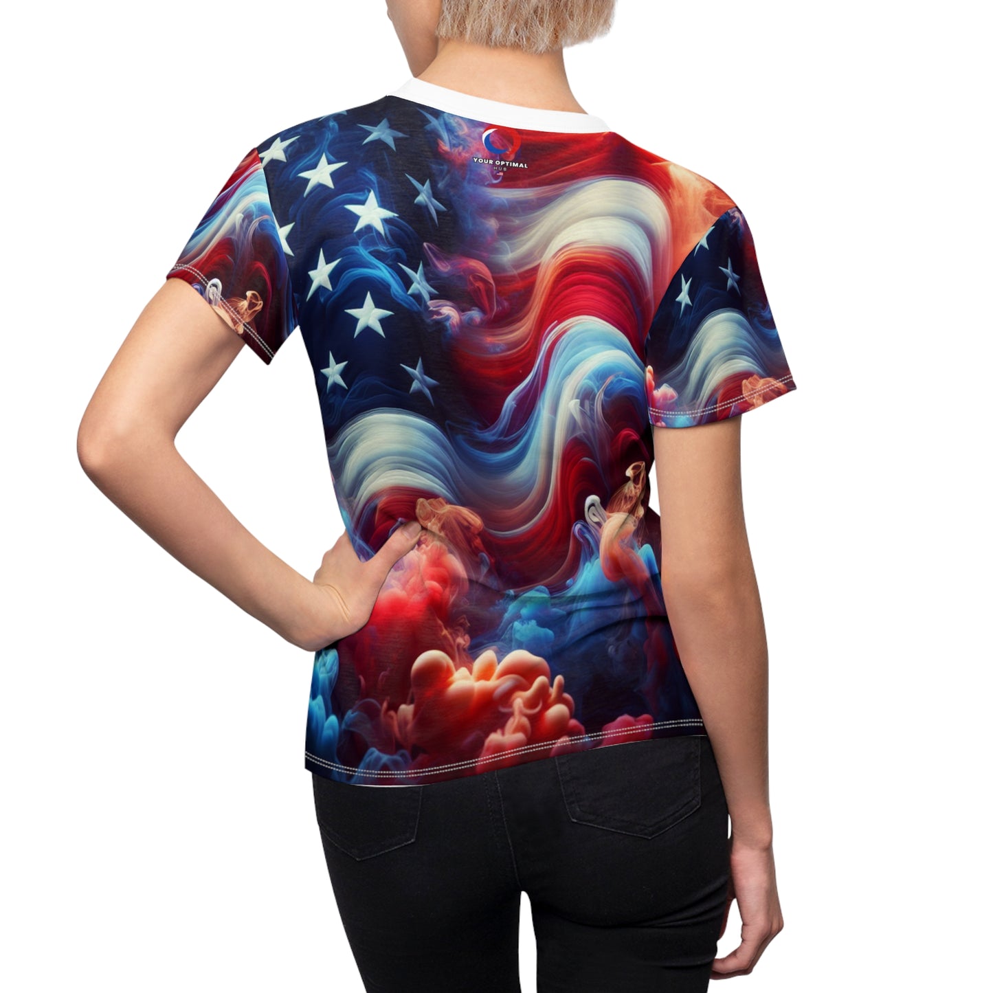 Mystical American Flag Women's T-Shirt: Surreal Stars & Stripes with Flowing Color Smoke - Patriotic Streetwear Tee