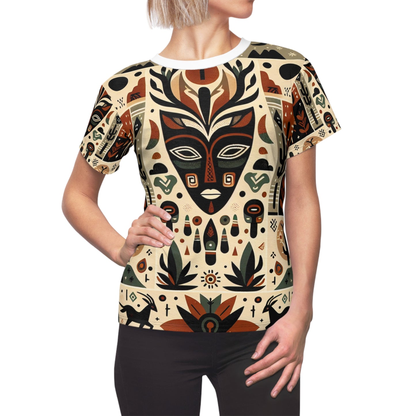 African & Southwestern Fusion Women's T-Shirt: Mythic Totem Design, Geometric Fauna & Flora Motifs - African Tribal Pattern-Inspired