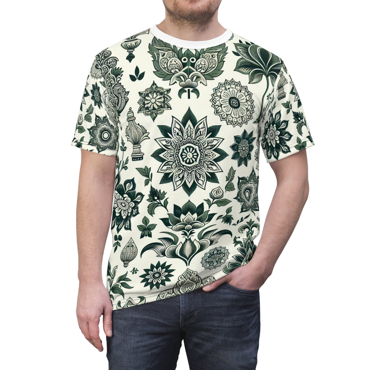 Traditionally Inspired Indian Motif Seamless Patterned T-shirt in White & Green - Intricately Designed Geometric & Floral Arrangement Tee