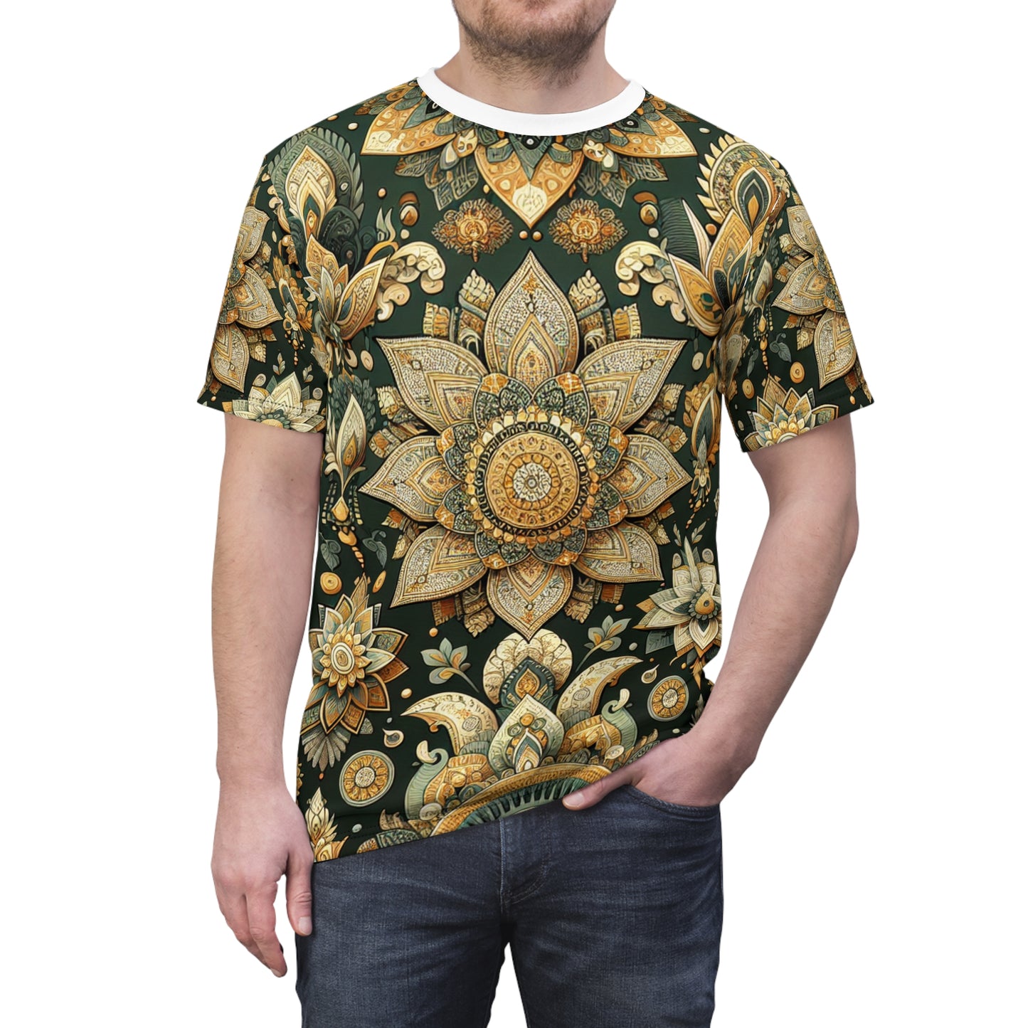 Traditional Indian Motif Inspired Seamless Pattern T-Shirt: Gold Reflective Design - Modern Asian Influenced Apparel - Indian Streetwear Tee