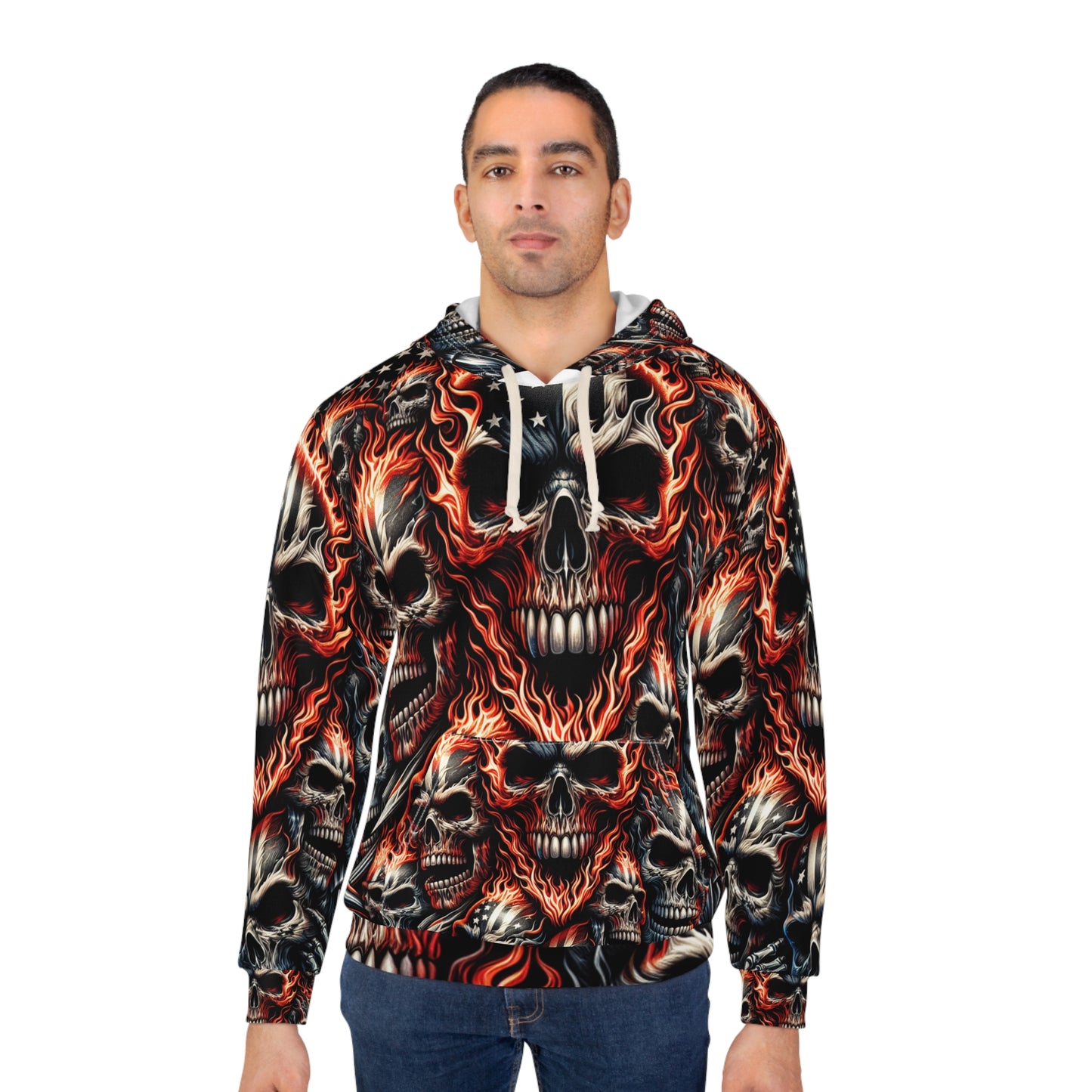 Patriotic Flaming Skull Hoodie Tattoo Style Skull Design Stars and Stripes Fiery Flag - Patriotic Streetwear