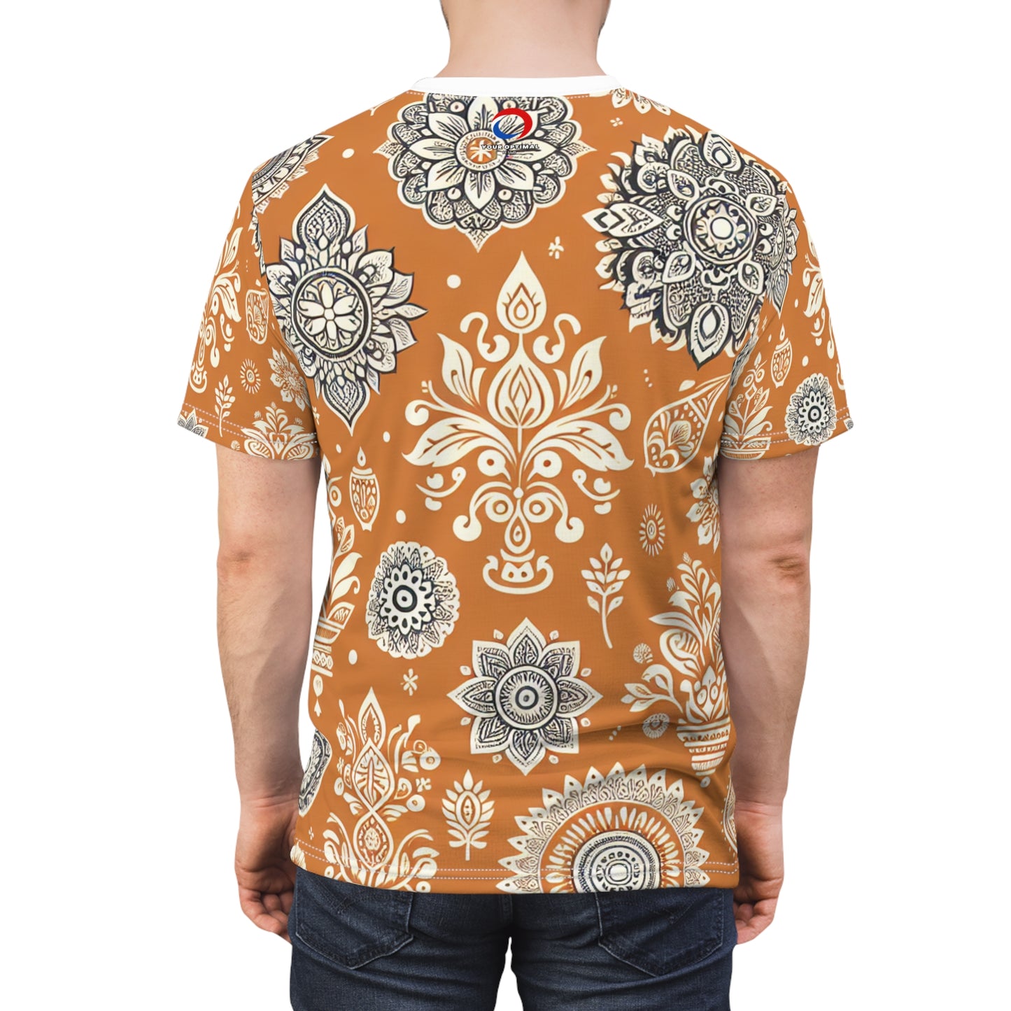 Traditional Indian Motif Print T-Shirt - Luxury Floral & Geometric Seamless Pattern - White on Orange - Modern Ethnic Décor Design Style