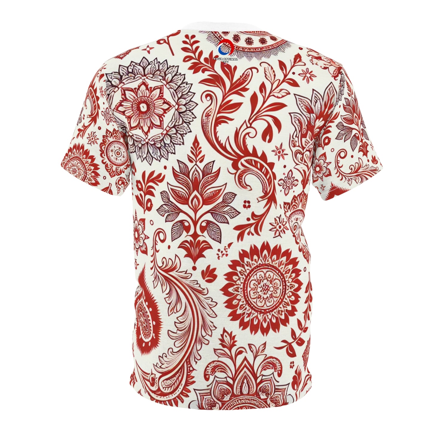 Classic Indian Motifs Scatter Pattern Premium Red-On-White T-Shirt: Seamless Design with Floral-Geometric Shapes - Traditional Indian Motifs Tee