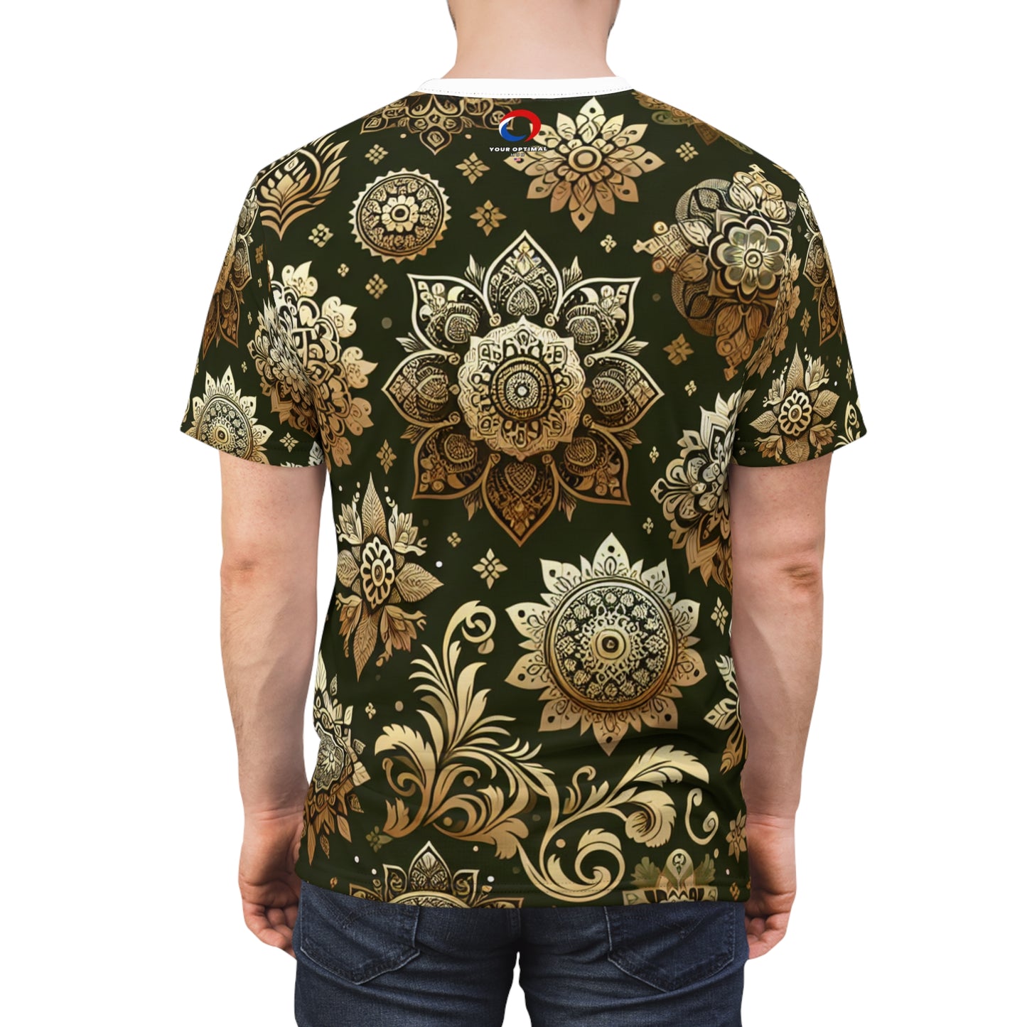 Gold Radiance Indian Motif T-Shirt: Seamless Traditional Pattern with Floral and Geometric Designs on Emerald Green - Traditional Indian Motifs Tee