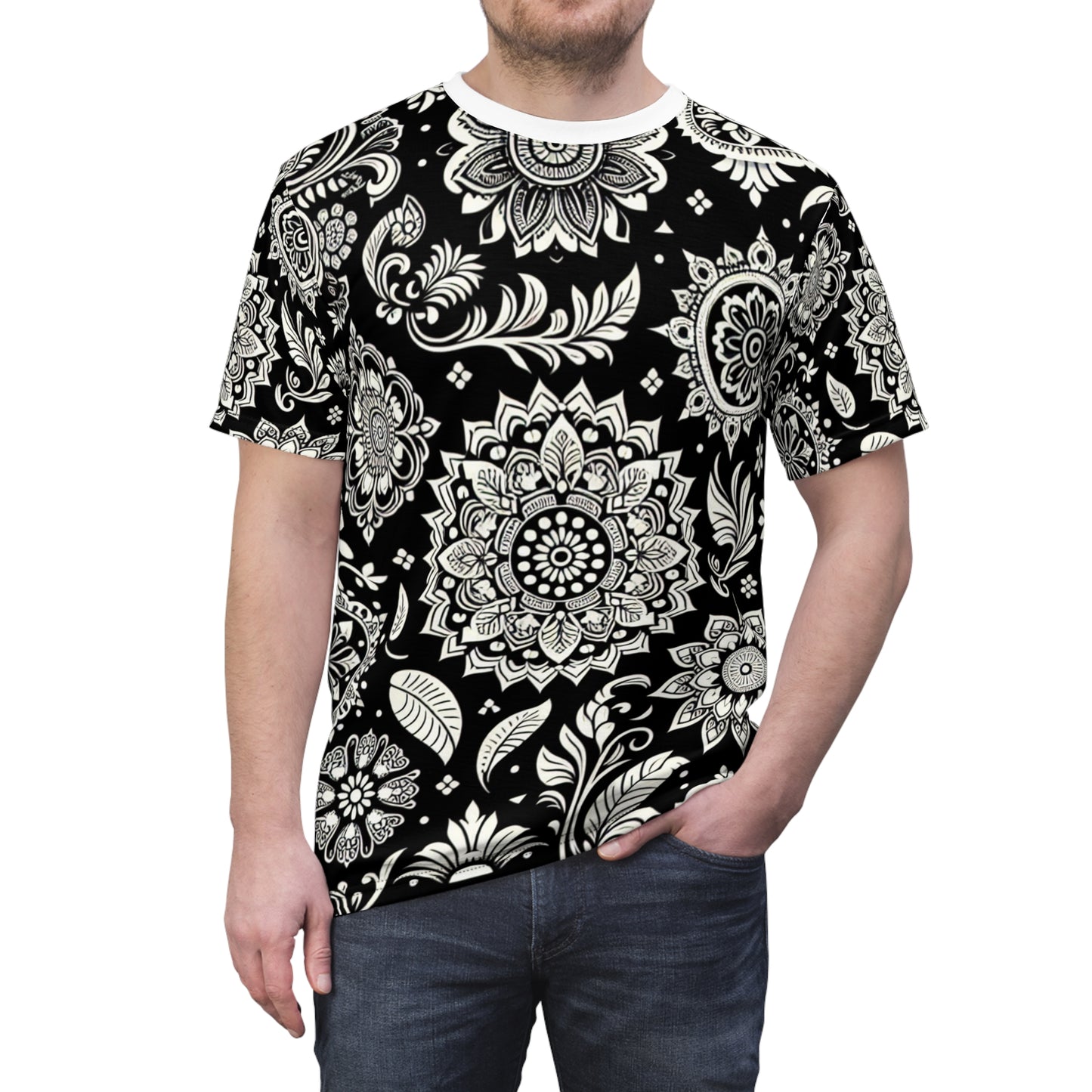 Traditional Indian Motif Scattered Design T-Shirt - Intricate Floral & Geometric Shapes on Black - Modern Seamless Pattern - Rich Indian Heritage Motifs Tee