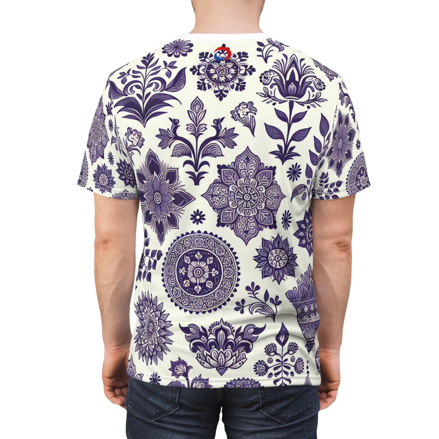 Classic Indian Heritage Seamless Pattern T-Shirt in Purple - Traditional Floral & Geometric Motifs on a White Background - Modern Minimal Aesthetic Apparel