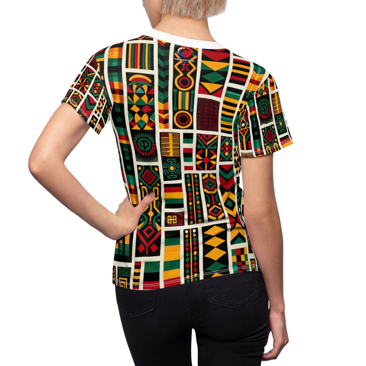 Bold Pan-African Tribute Women's Tee: Vibrant Geometric & Cultural Symbolism in Kente, Adinkra Patterns - African Tribal Pattern-Inspired