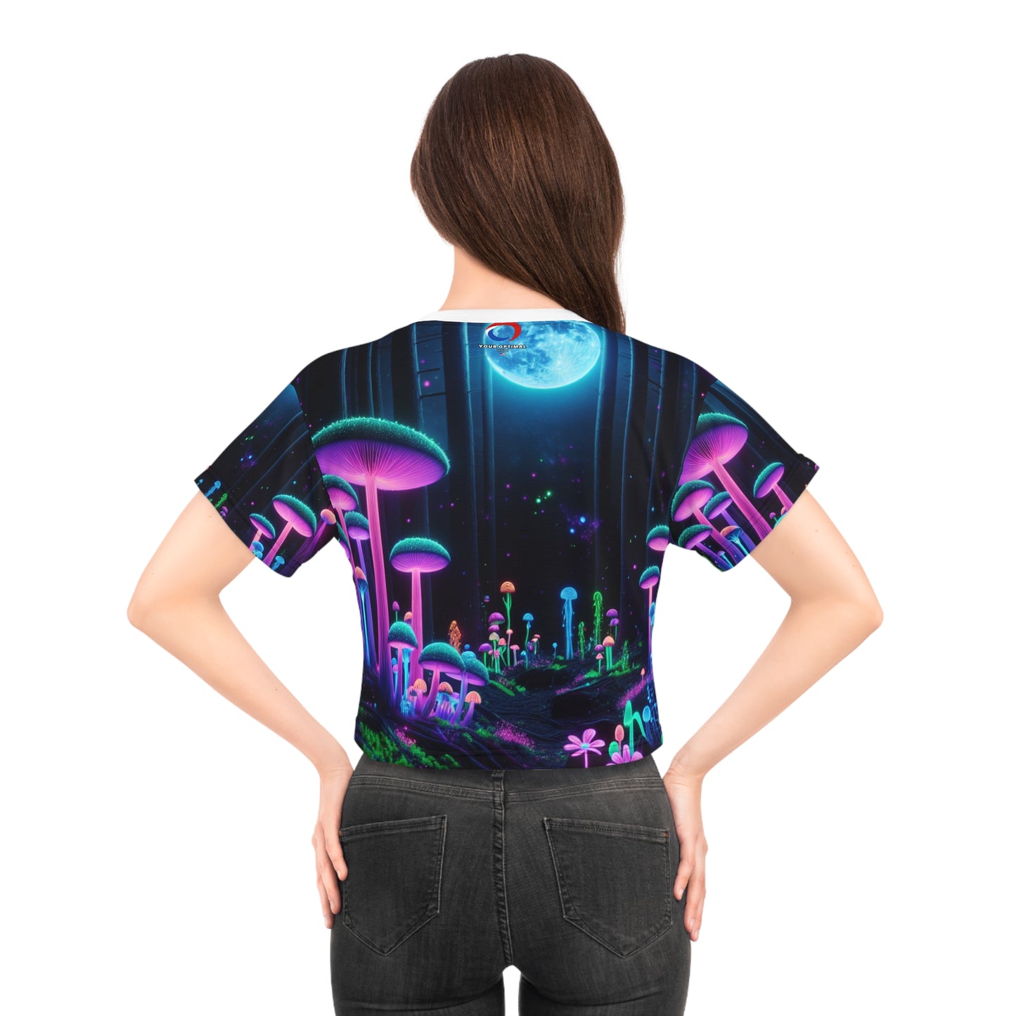 Ethereal Moonlight Enchantment: Blacklight Crop Tee, Neon Mushroom Forest & Luminous Fireflies - Women's Blacklight Tee